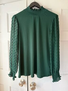 Adrianna Papell Emerald Green Smocked Mock-Neck Blouse with Sheer Dotted Sleeves